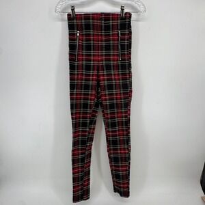 Zara Red Black Tartan Plaid Skinny Pants High Waist Zipper Detail XS